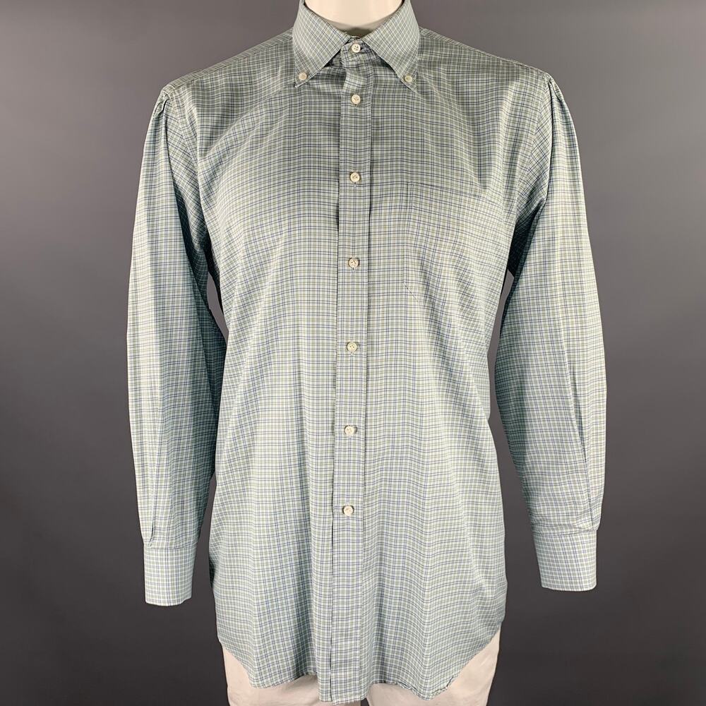 LUCIANO BARBERA Size XXL Blue Green & Yellow Gingham Cotton Long Sleeve Shirt